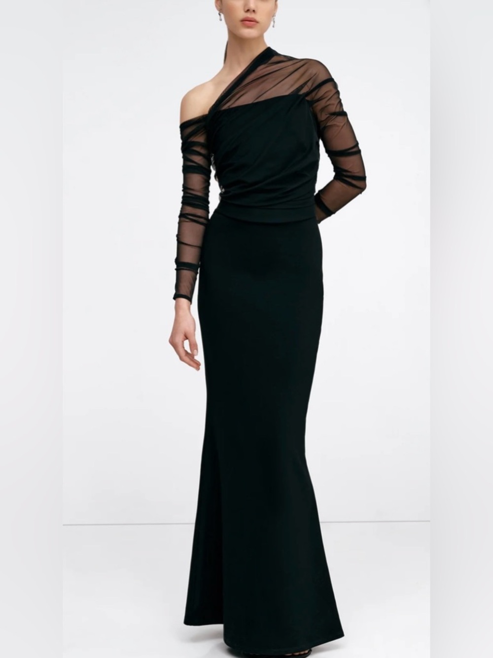NWT Marcella Monroe Black One-Shoulder Mesh Sleeve Maxi Dress